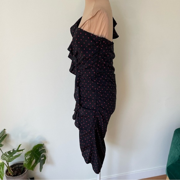 VERONICA BEARD Leona Ruched Black Red Polka-Dot One-Shoulder Ruffle Dress EUC 6 - Picture 5 of 12